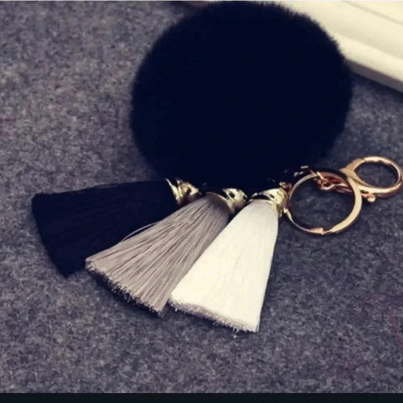 Multiple Colors Available - Fuzzy Fur Pom Pom Keychain Key with Tassels - Picture 13 of 15